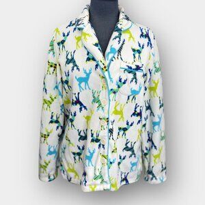 Joe Fresh Fleece Pajama Top Women’s Medium Reindeer Print Button Front Long